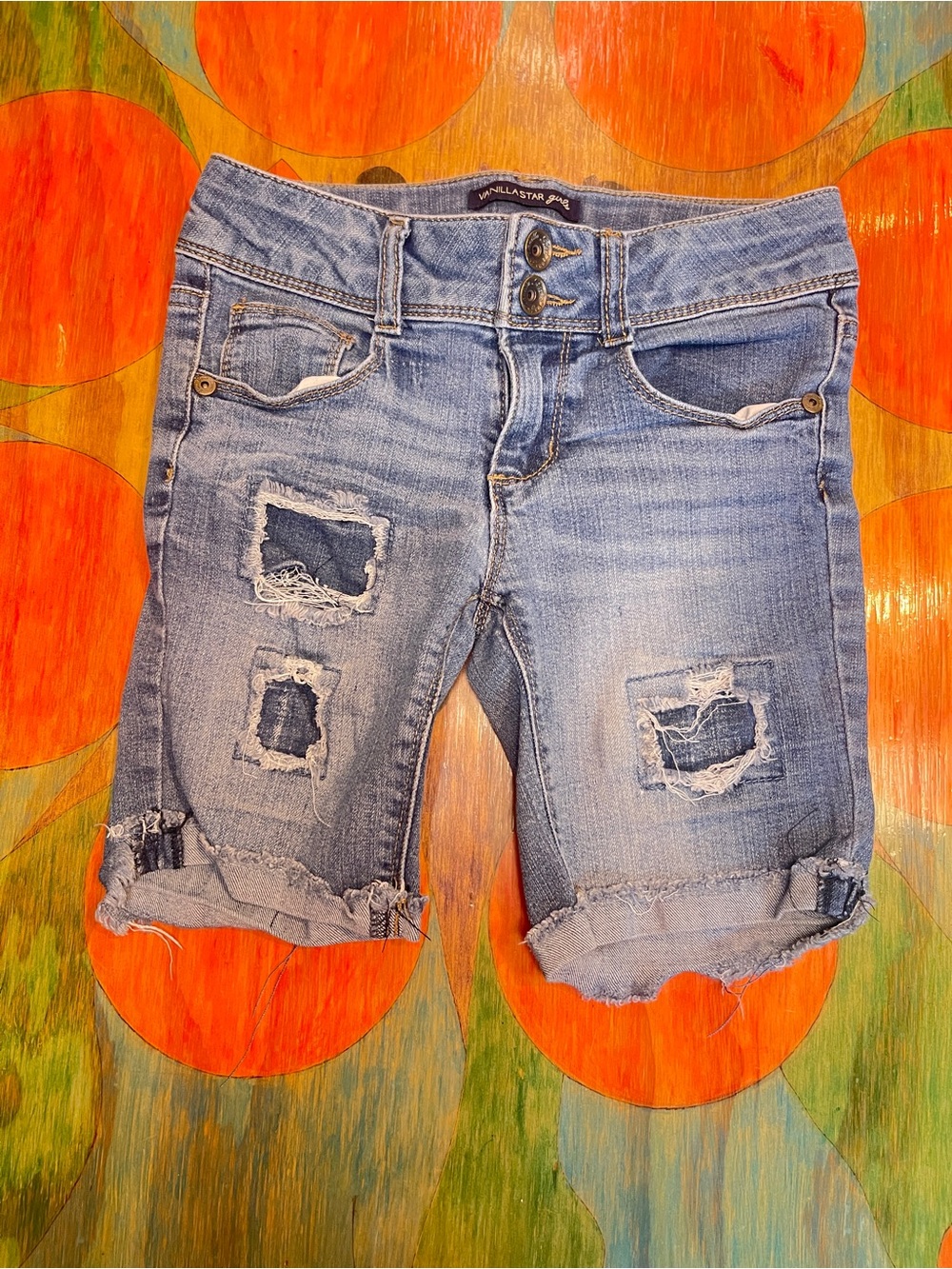 Vanilla Star Girls Blue Distressed Cuffed Denim Cut Off Blue Jean Shorts Size 10